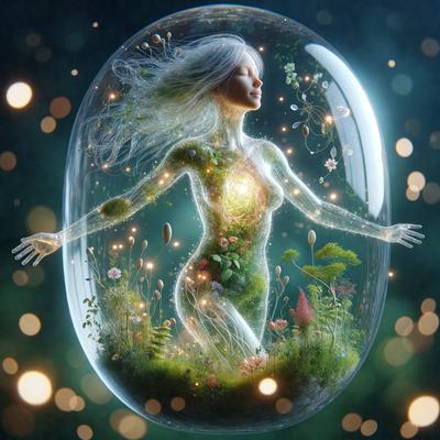 The primary subject of the image is a woman, who is depicted as a plant-like creature with a green body and a glowing heart. She is surrounded by a variety of plants, including flowers and mushrooms, which are scattered throughout the scene. The setting appears to be a forest or a similar natural environment. The visual style of the image is digital art, as it is a highly detailed and intricate illustration. The colors and mood of the image are predominantly green and serene, with the glowing heart adding a touch of warmth and life to the scene.